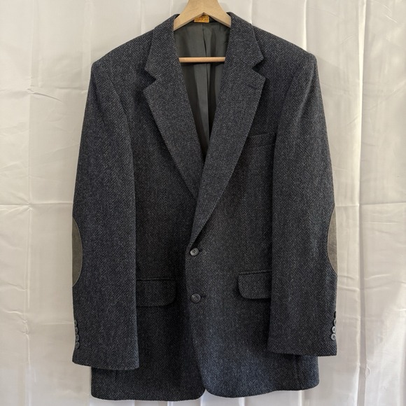 Vintage Mens 100% Wool Herringbone Tweed Sport Coat Jacket Elbow Patch 42L USA
